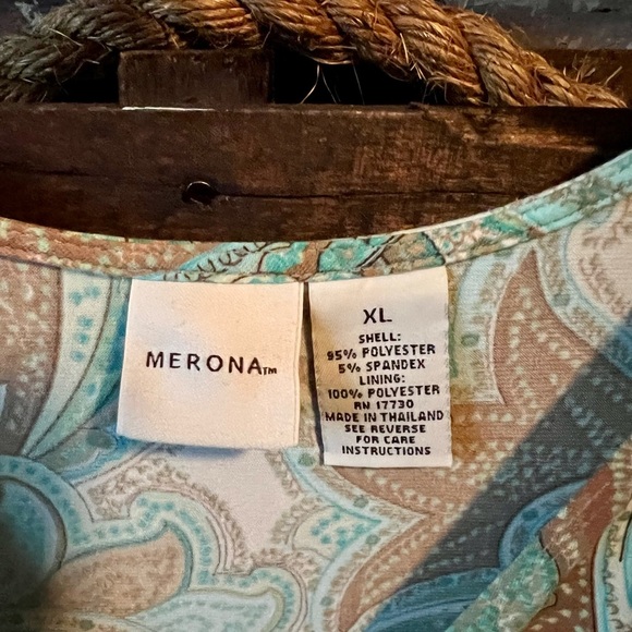 MERONA Sleeveless Paisley Dress Ruched Waist Sage/Brown XL - Picture 5 of 7